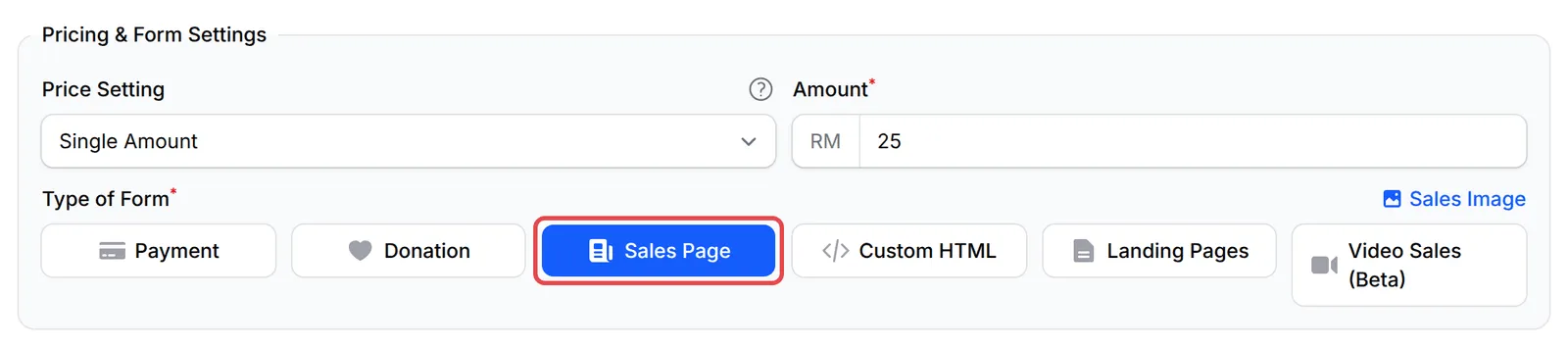 Butang Type of Form dengan Sales Page ditanda
