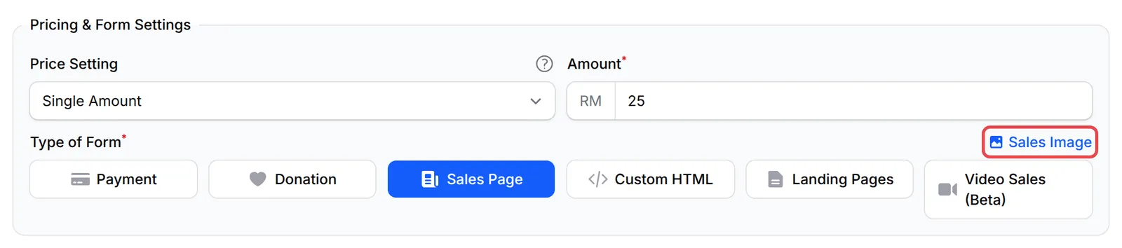 Link Sales Image ditanda di atas butang Type of Form