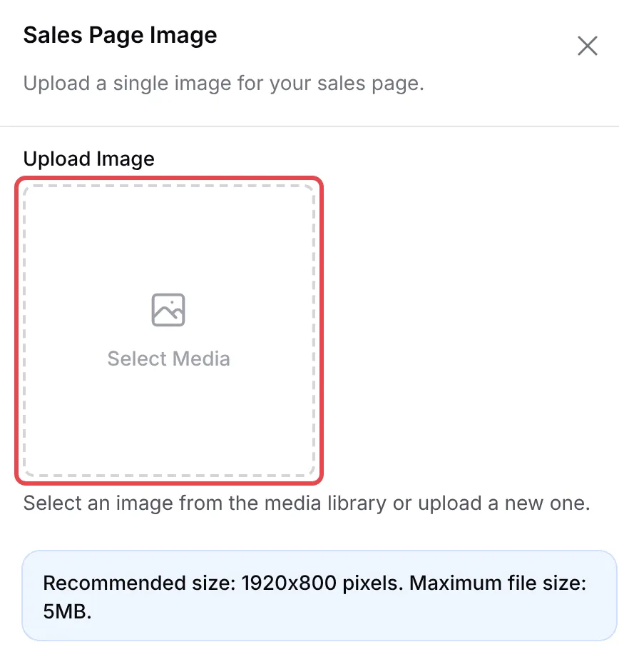 Panel Sales Page Image dengan kotak Select Media ditanda