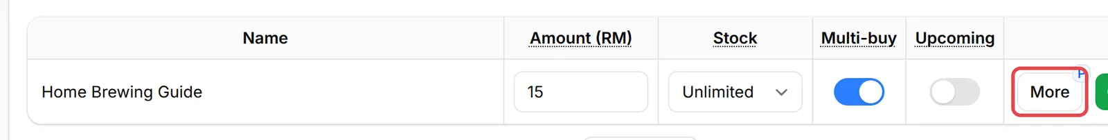 Satu baris item pada tab Payment Details dengan butang More ditanda