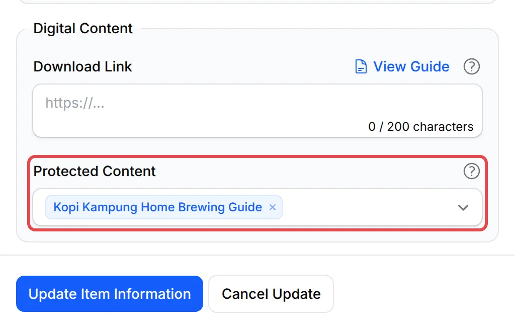 Panel tetapan item dengan kandungan dipilih dalam ruangan Protected Content