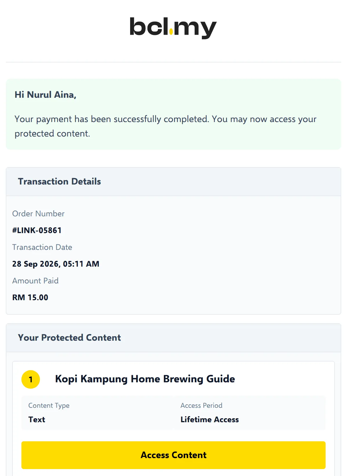 E-mel Your Protected Content is Now Available dengan butang Access Content