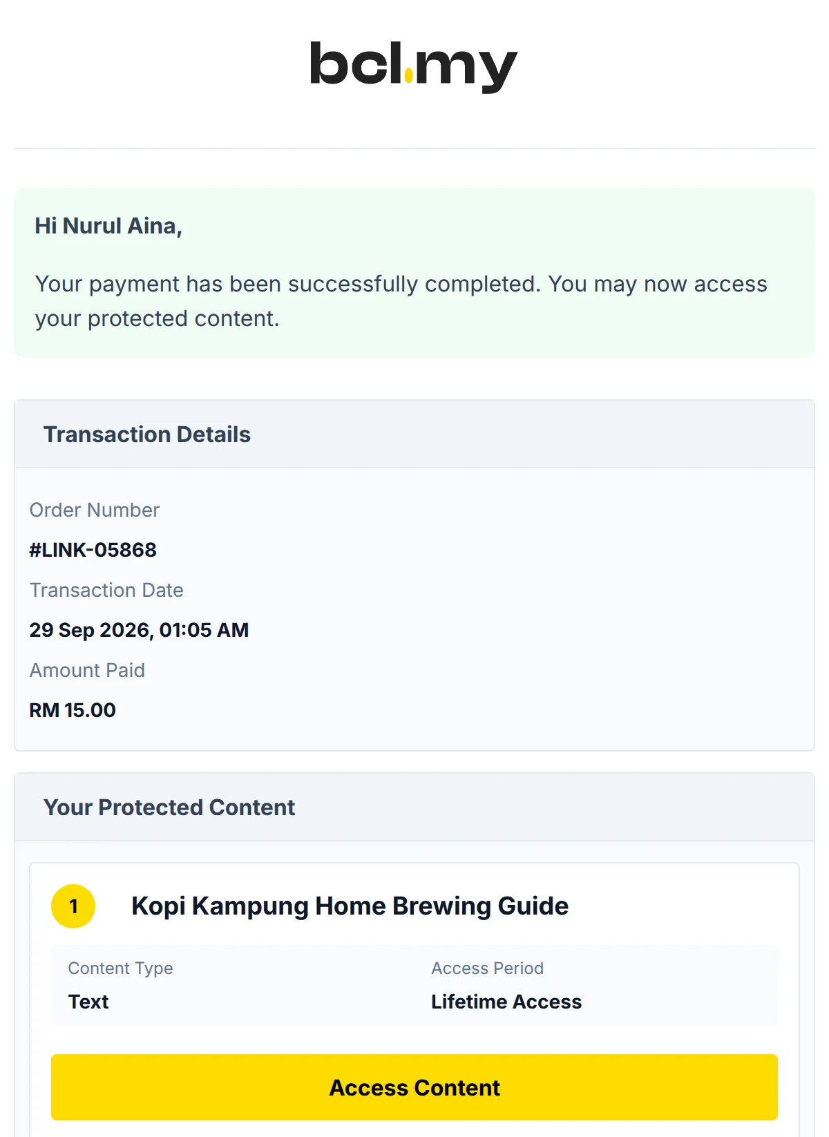 The Your Protected Content is Now Available email with the Access Content button