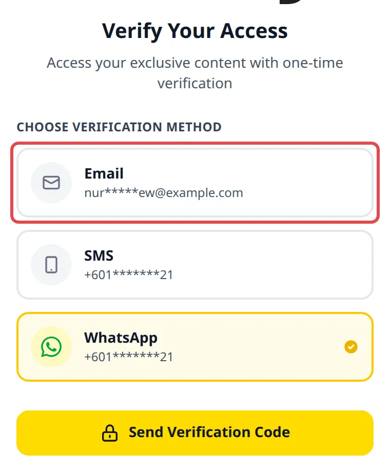 Page Verify Your Access dengan pilihan Email ditanda