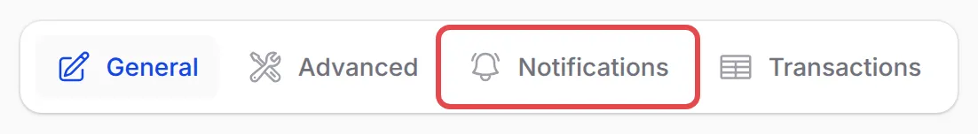 Tab di bahagian atas payment form dengan Notifications ditanda