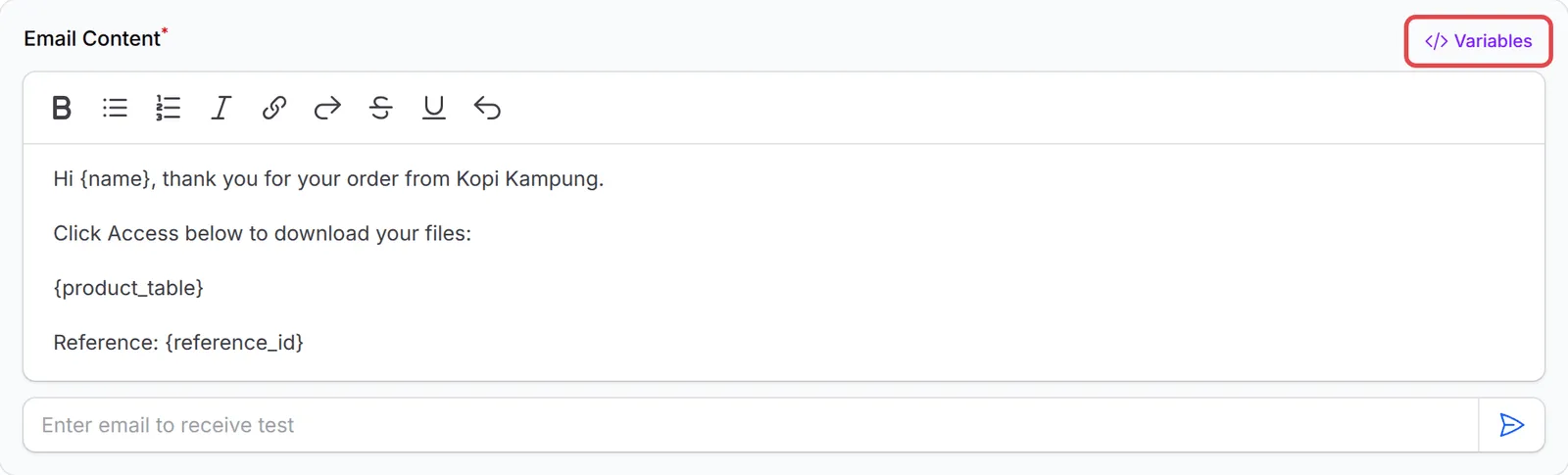 Email Content dengan variable product_table dalam mesej dan link Variables ditanda