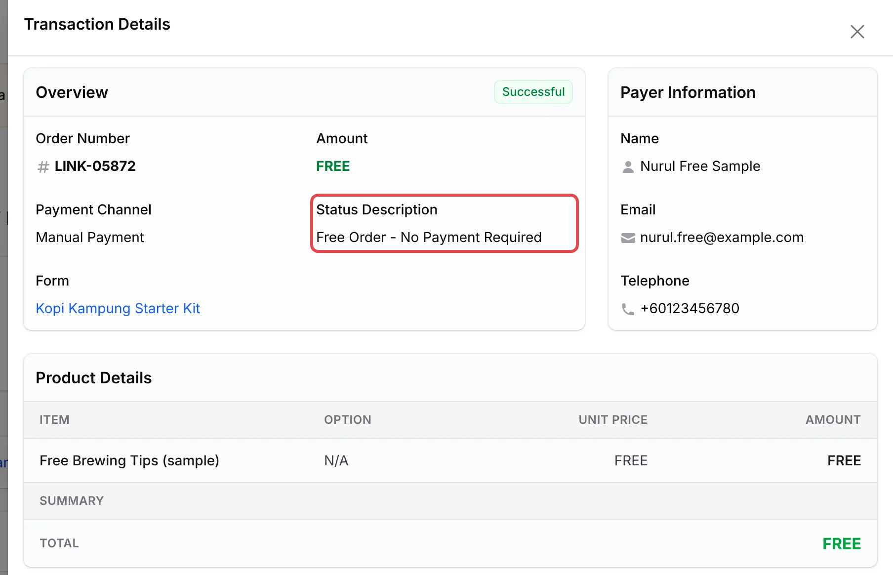 Transaction Details of a free order: Amount FREE, Payment Channel Manual Payment and Status Description Free Order - No Payment Required highlighted