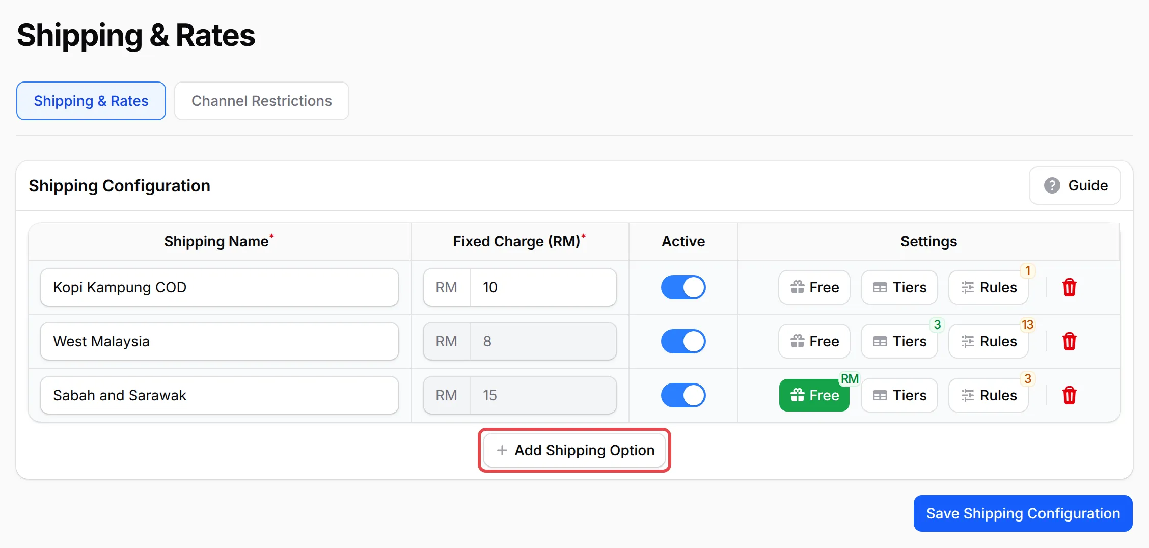 The Shipping Configuration list with the Add Shipping Option button highlighted