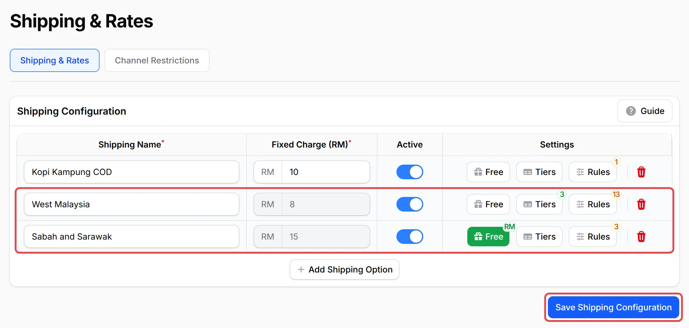 Two saved options, West Malaysia at RM 8 and Sabah and Sarawak at RM 15, and the Save Shipping Configuration button highlighted