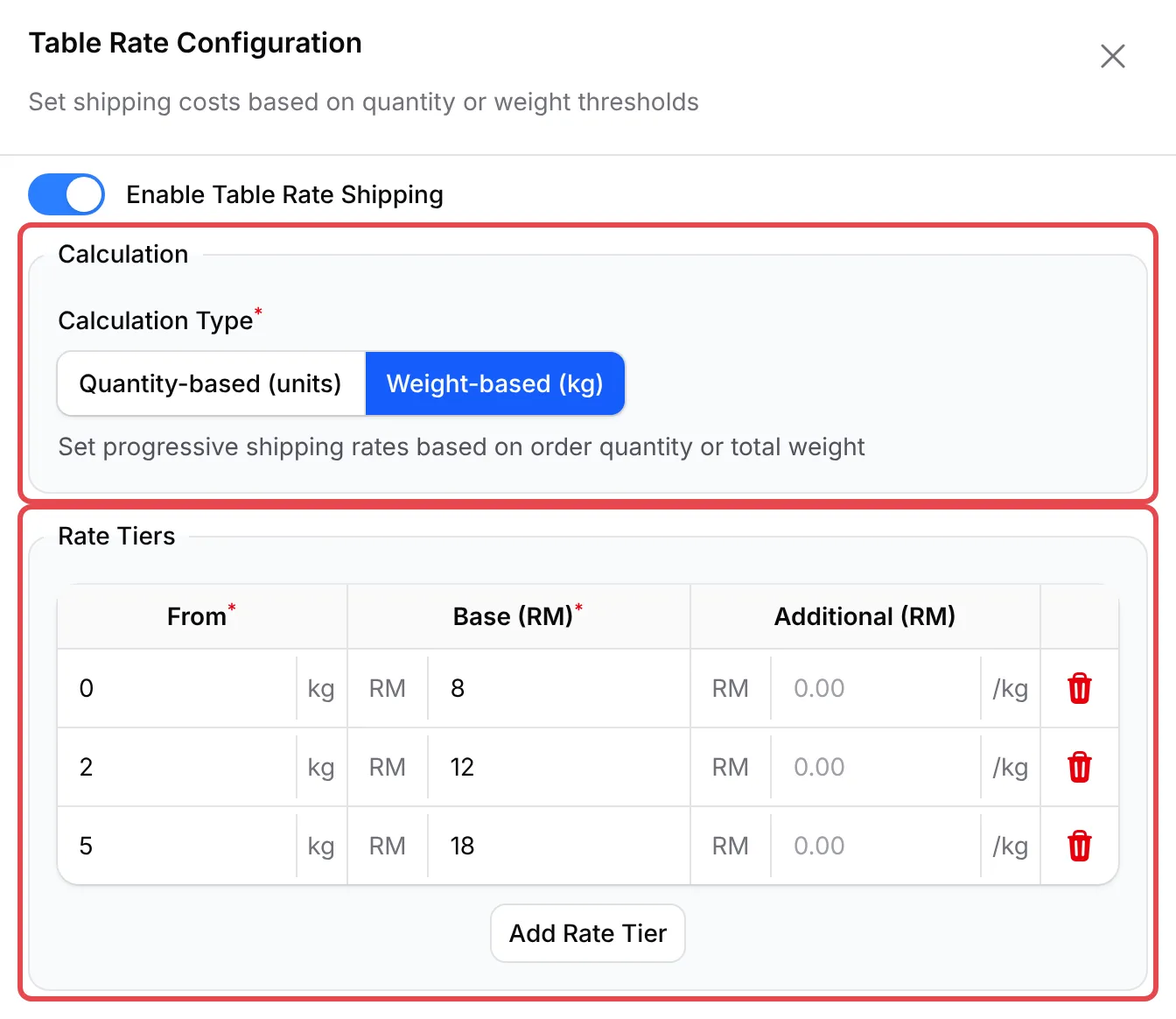 Table Rate Configuration with Weight-based (kg) chosen and tiers from 0 kg at RM 8, 2 kg at RM 12 and 5 kg at RM 18