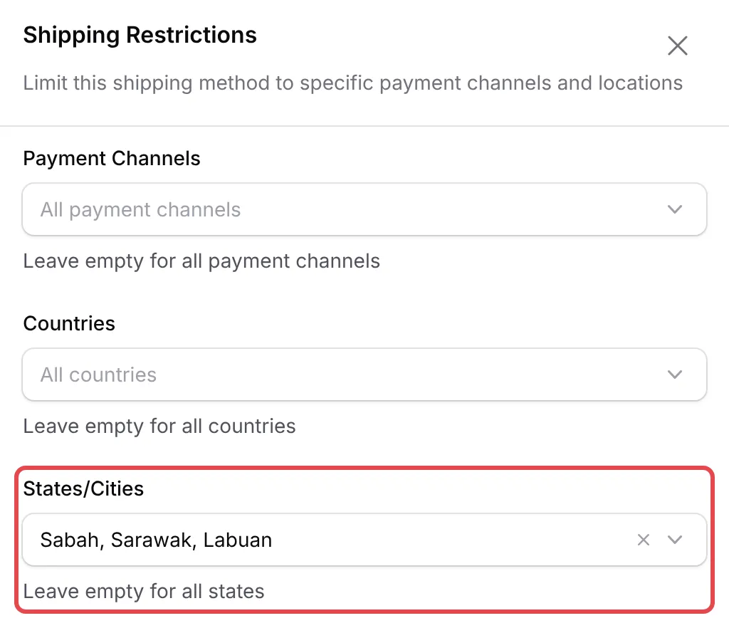 The Shipping Restrictions panel with Sabah, Sarawak and Labuan chosen in States/Cities