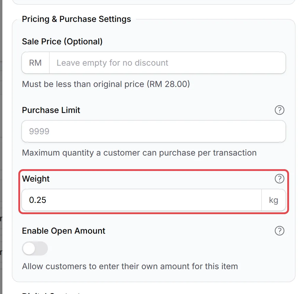 The Weight field in kg on a form item’s settings
