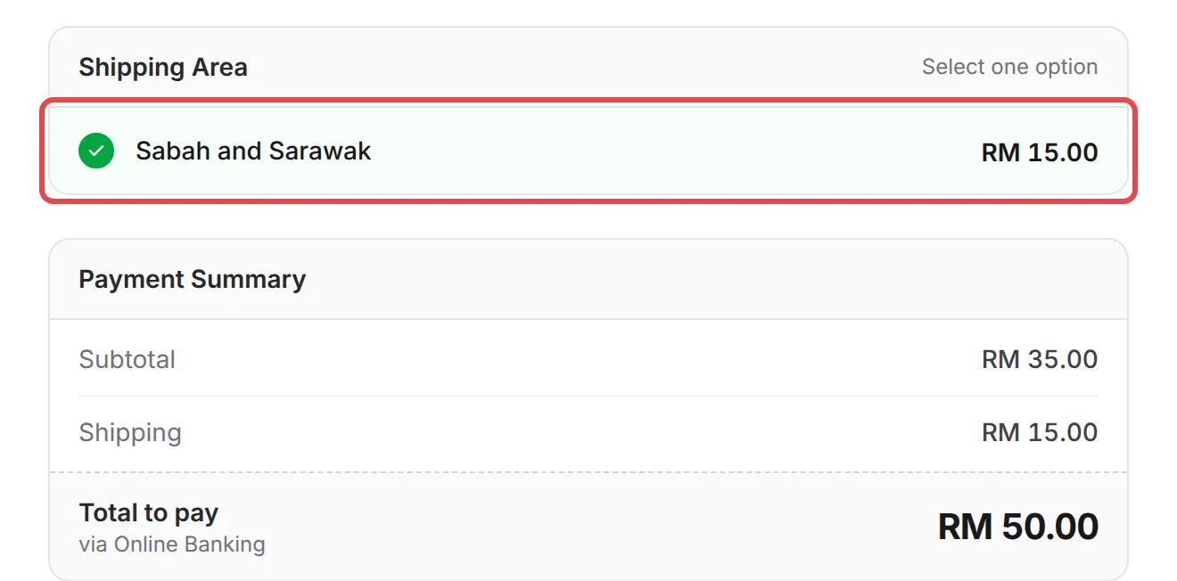 The Shipping Area of a form with a Sabah address: Sabah and Sarawak at RM 15, and a total of RM 50 for a RM 35 order