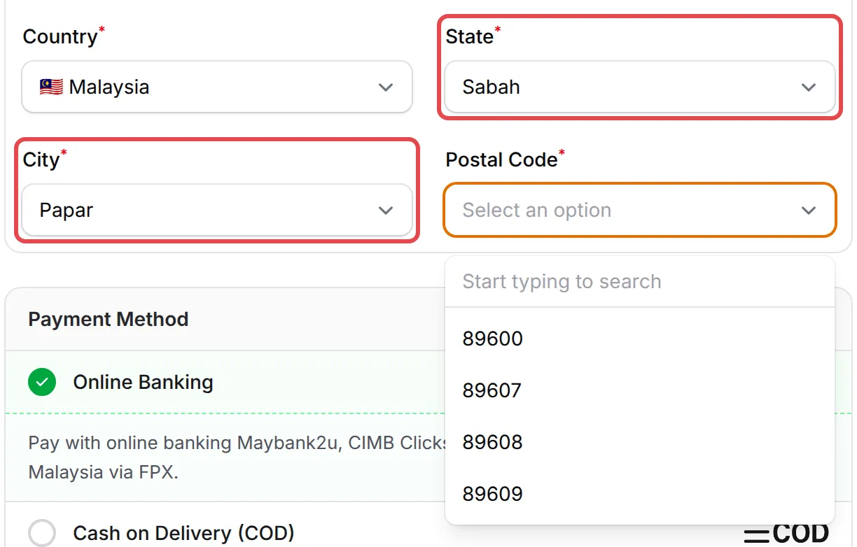 A form’s address fields with Sabah and Papar chosen, and the Postal Code list showing 89600, 89607, 89608 and 89609