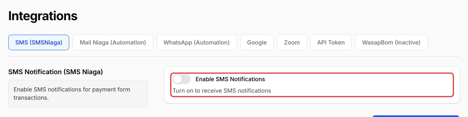 The SMS (SMSNiaga) tab with the Enable SMS Notifications switch highlighted