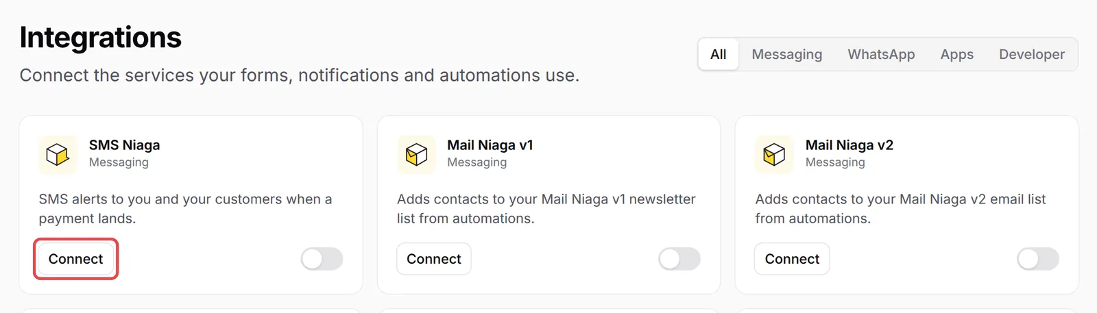 The Integrations page with the Connect button on the SMS Niaga card highlighted