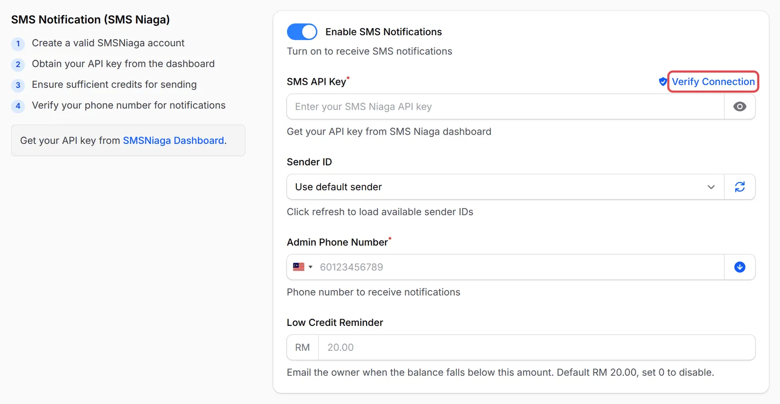 The SMS Notification (SMS Niaga) section with Verify Connection highlighted