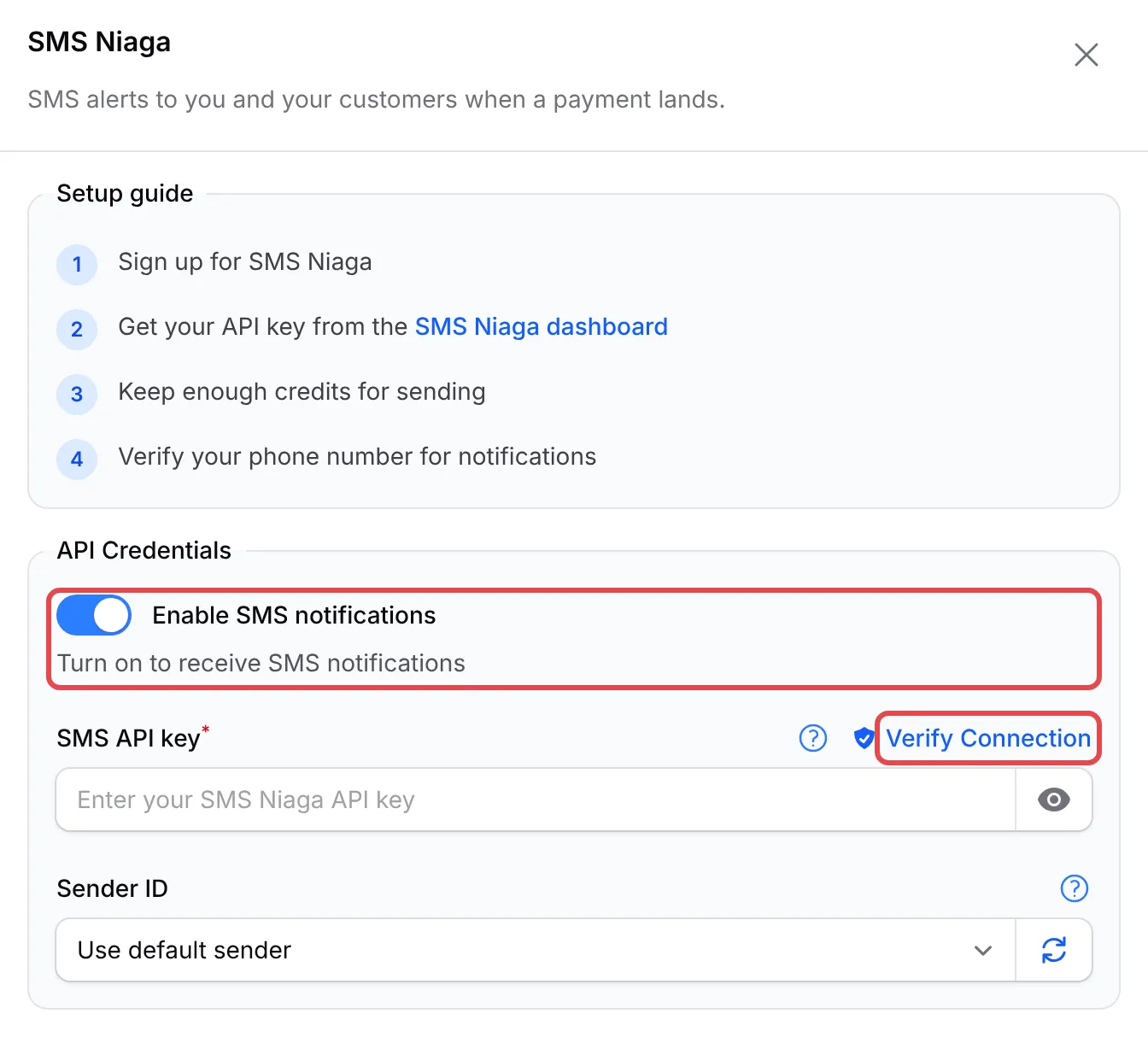 The SMS Niaga panel with the Enable SMS notifications switch and Verify Connection highlighted