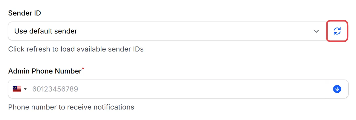 The Sender ID field with its refresh icon highlighted, above Admin Phone Number