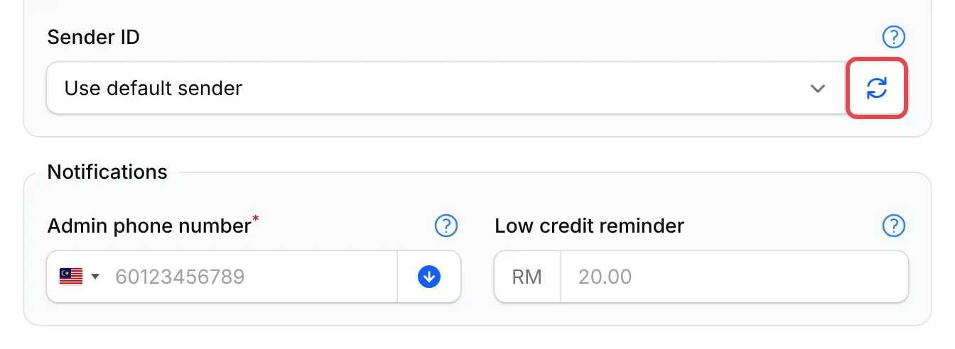 The Sender ID field with its refresh icon highlighted, above the Notifications fields