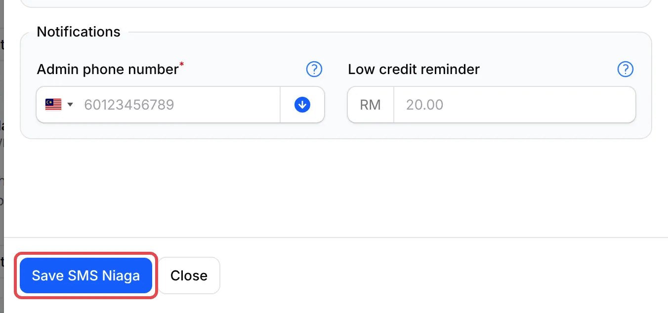 The Notifications fields above the highlighted Save SMS Niaga button