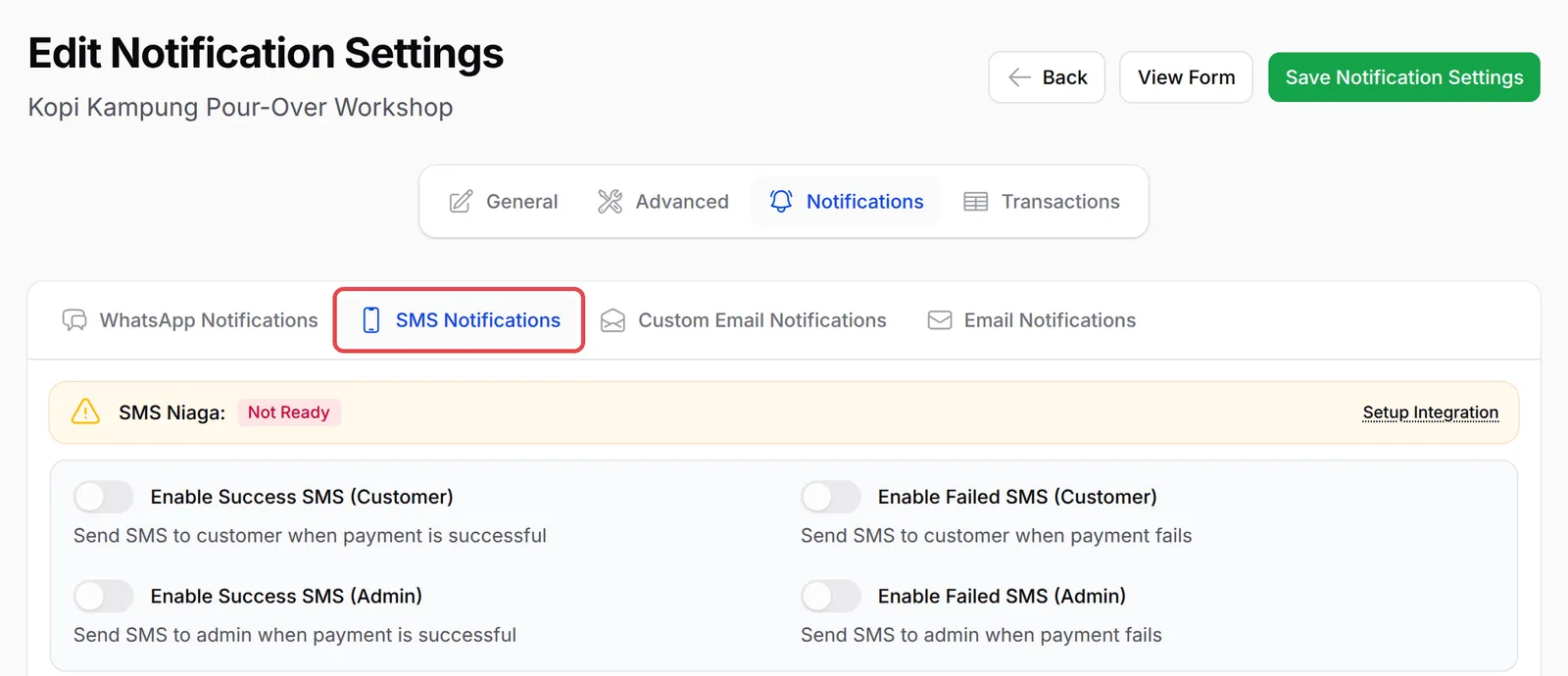 The Edit Notification Settings page with the SMS Notifications tab highlighted