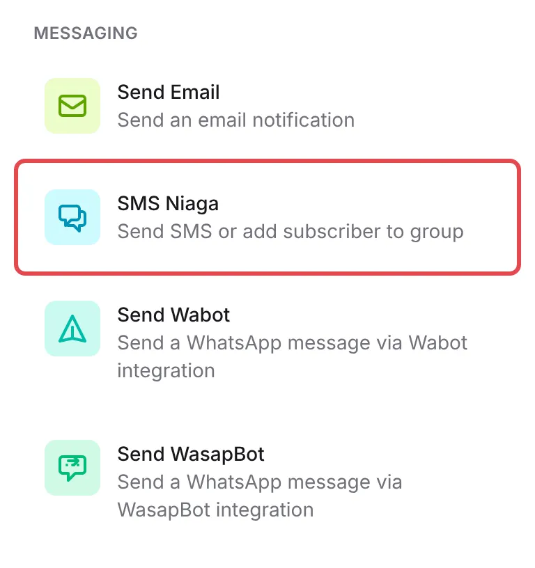 The Add Action list with SMS Niaga highlighted under Messaging