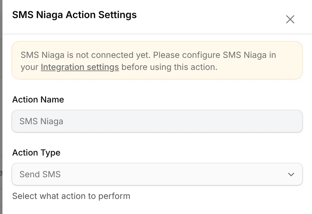SMS Niaga Action Settings with the not-connected notice, Action Name and Action Type