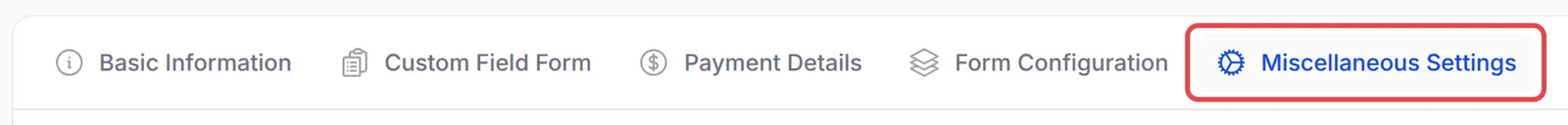 Tab payment form dengan Miscellaneous Settings ditanda