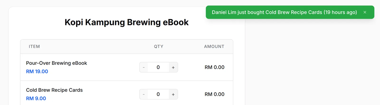 付款表单右上角的绿色弹窗，显示Daniel Lim just bought Cold Brew Recipe Cards