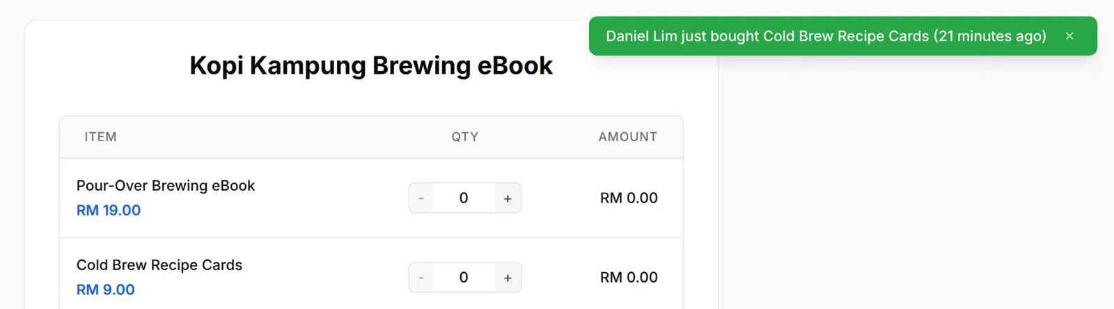 Pop-up hijau di bahagian atas kanan payment form yang berbunyi Daniel Lim just bought Cold Brew Recipe Cards