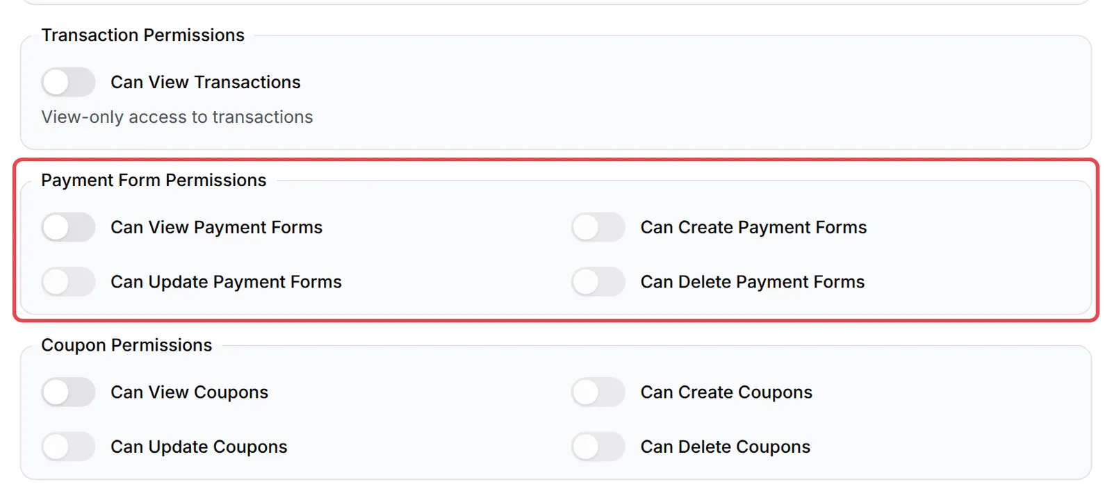 Team角色的权限开关，四个Payment Form Permissions开关已标示