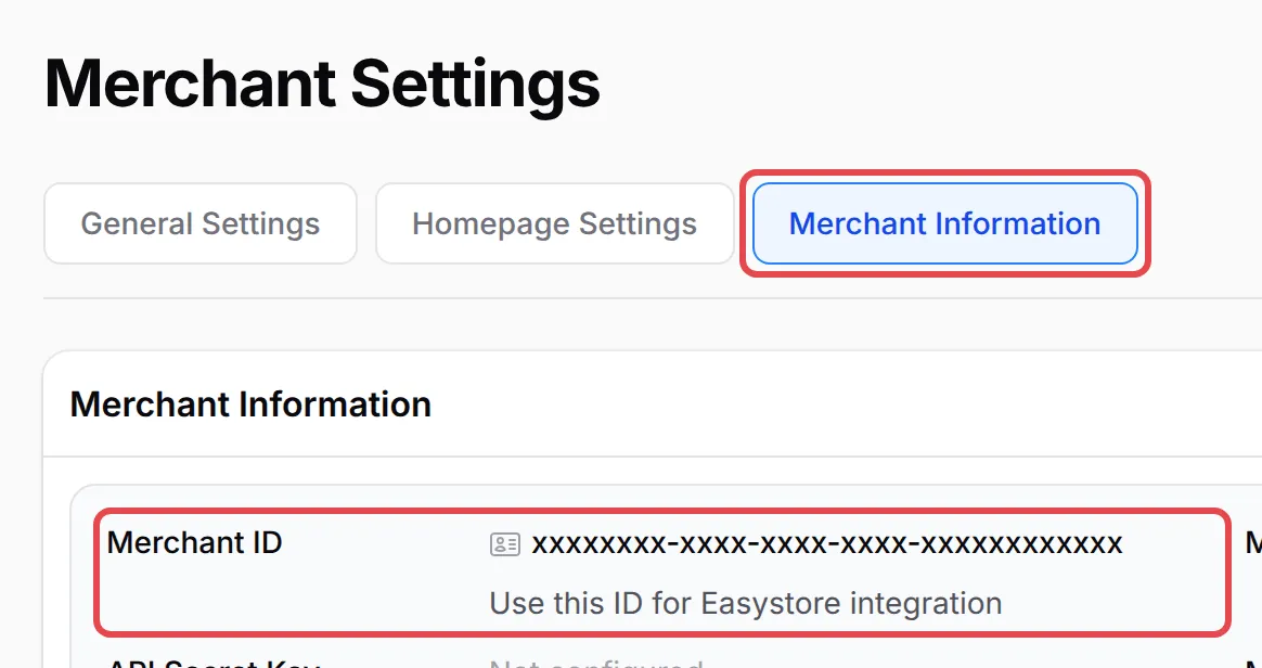 Tab Merchant Information dengan Merchant ID ditanda