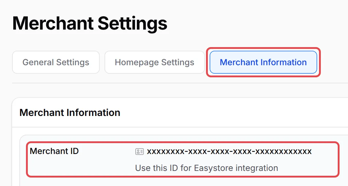 The Merchant Information tab with the Merchant ID highlighted