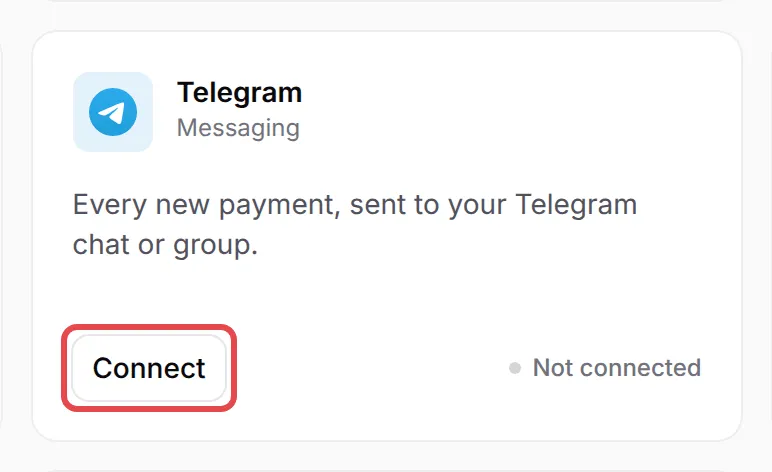 The Telegram card on the Integrations page with the Connect button highlighted