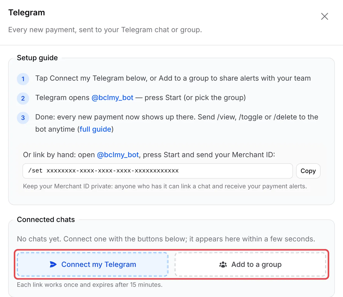 The Telegram panel with the Connect my Telegram and Add to a group buttons highlighted