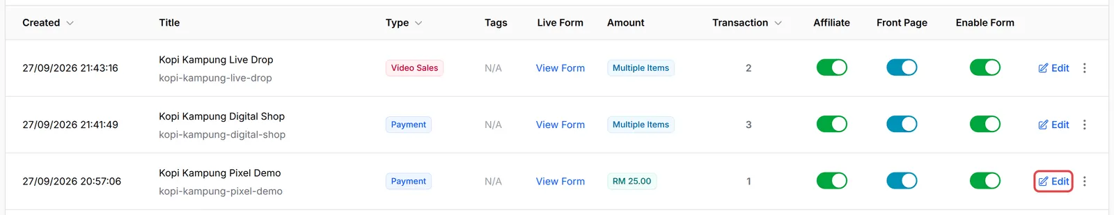Payment Forms列表，表单上的Edit按钮已标示