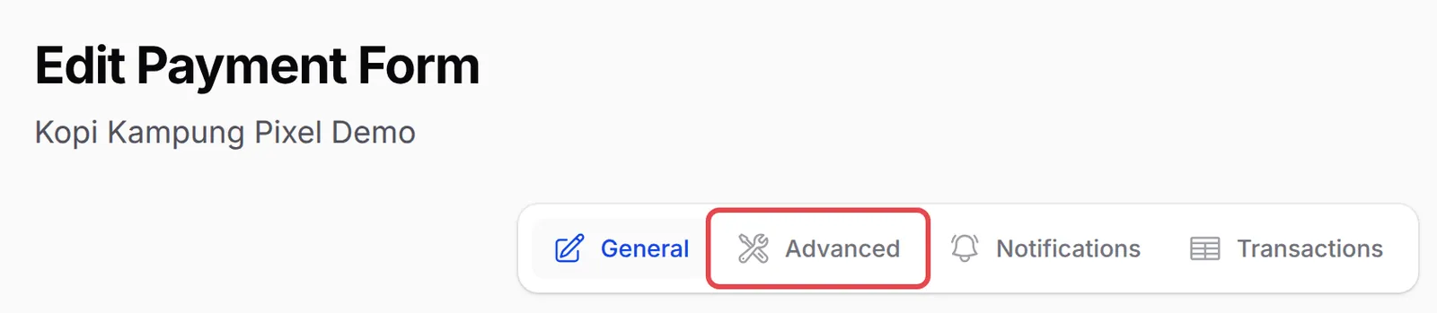 The Edit Payment Form page with Advanced highlighted