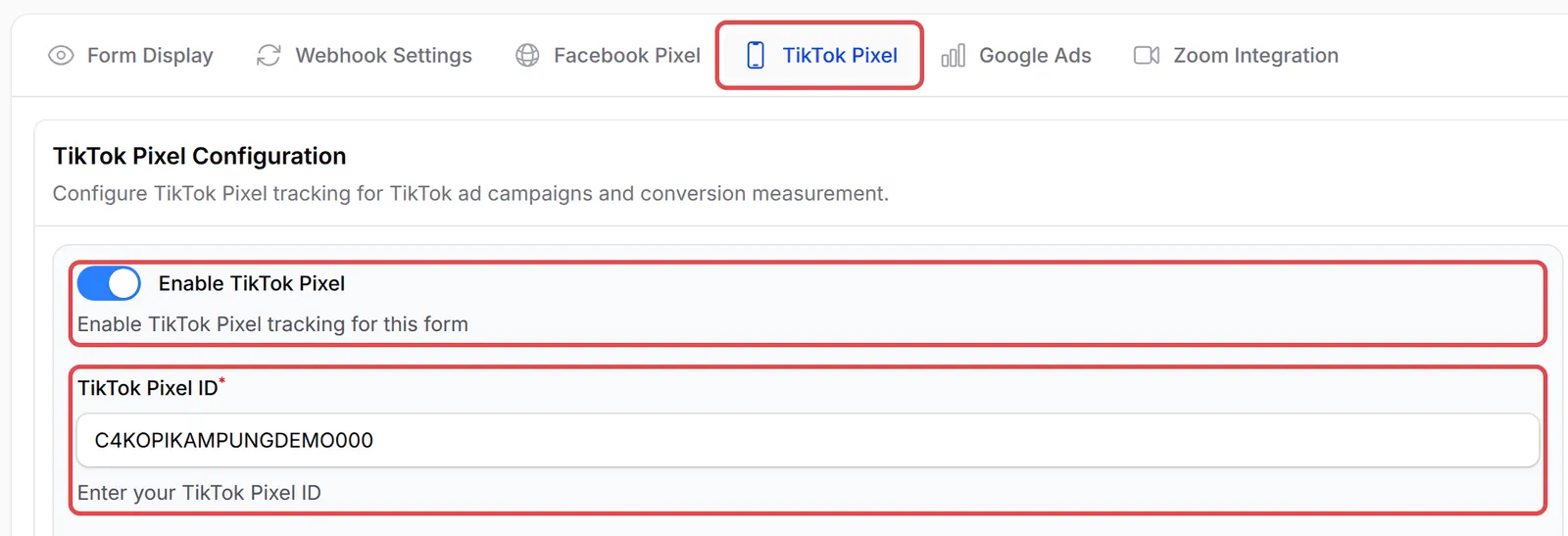 TikTok Pixel标签页，Enable TikTok Pixel和TikTok Pixel ID栏位已标示