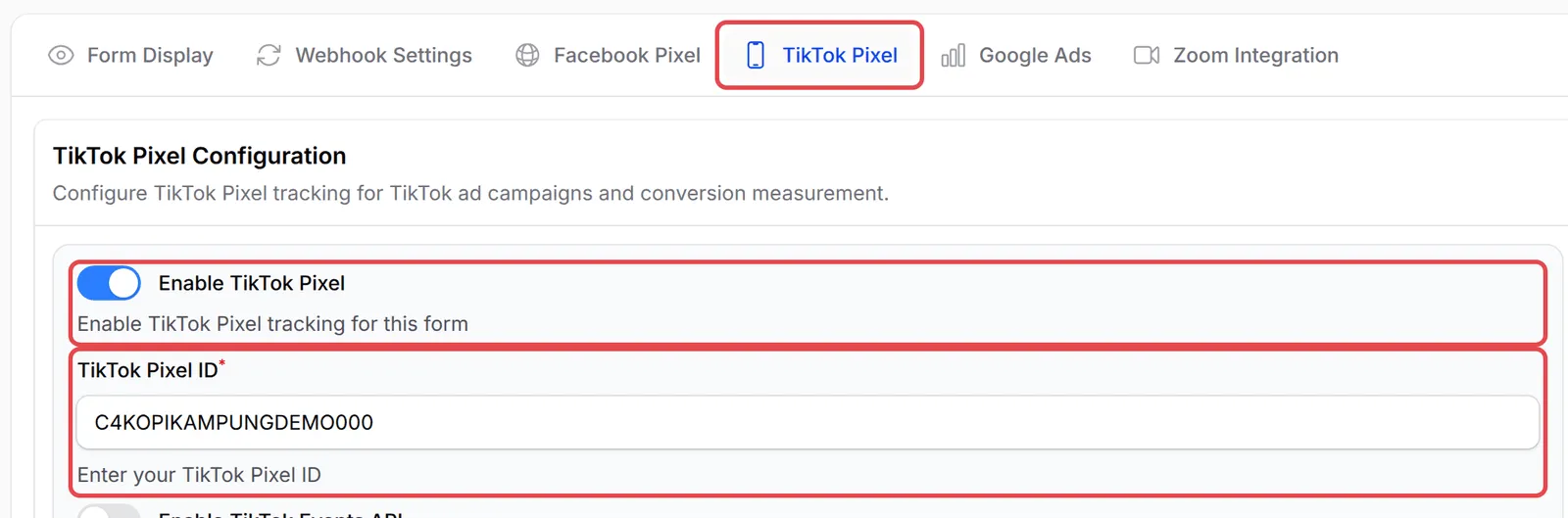 The TikTok Pixel tab with Enable TikTok Pixel and the TikTok Pixel ID field highlighted