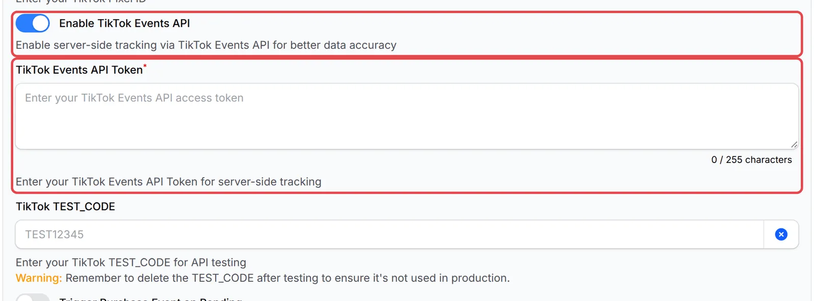 Enable TikTok Events API turned on, with the TikTok Events API Token field highlighted