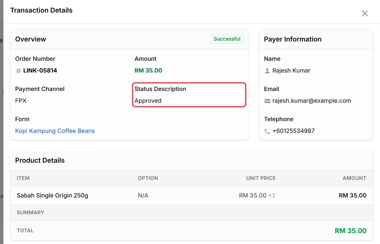 Panel Transaction Details memaparkan Overview, Payer Information dan Product Details, dengan Status Description ditanda