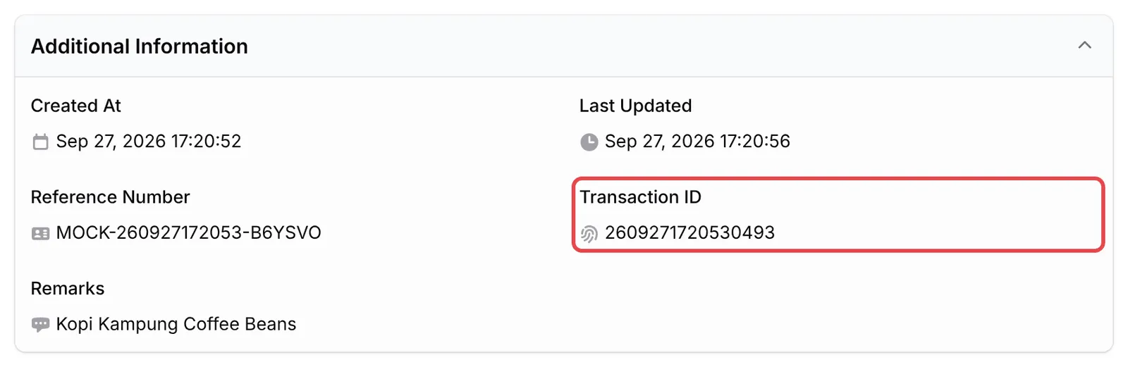 Bahagian Additional Information dibuka, dengan Transaction ID ditanda