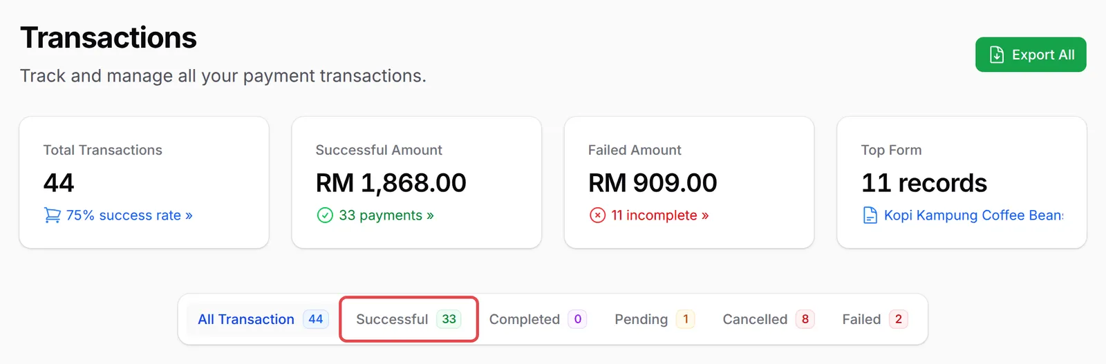 Page Transactions dengan kad ringkasan dan tab status, dengan tab Successful ditanda