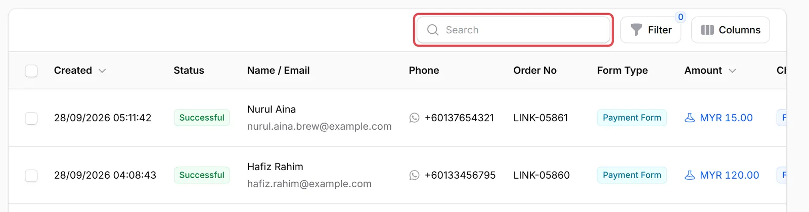 Kotak Search di atas jadual transaksi, di sebelah Filter dan Columns