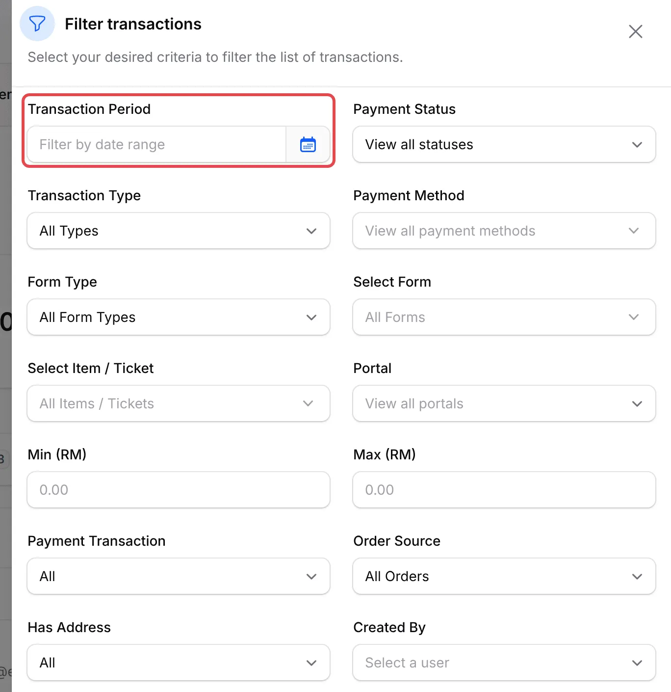 Panel Filter transactions dengan Transaction Period ditanda