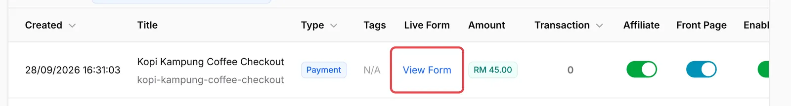 The forms list with View Form highlighted on the Kopi Kampung Coffee Checkout form