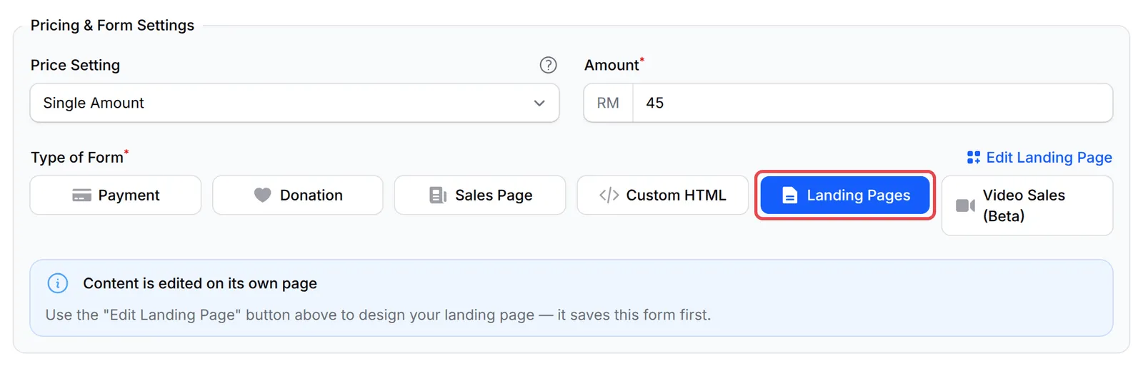 The Type of Form buttons with Landing Pages highlighted