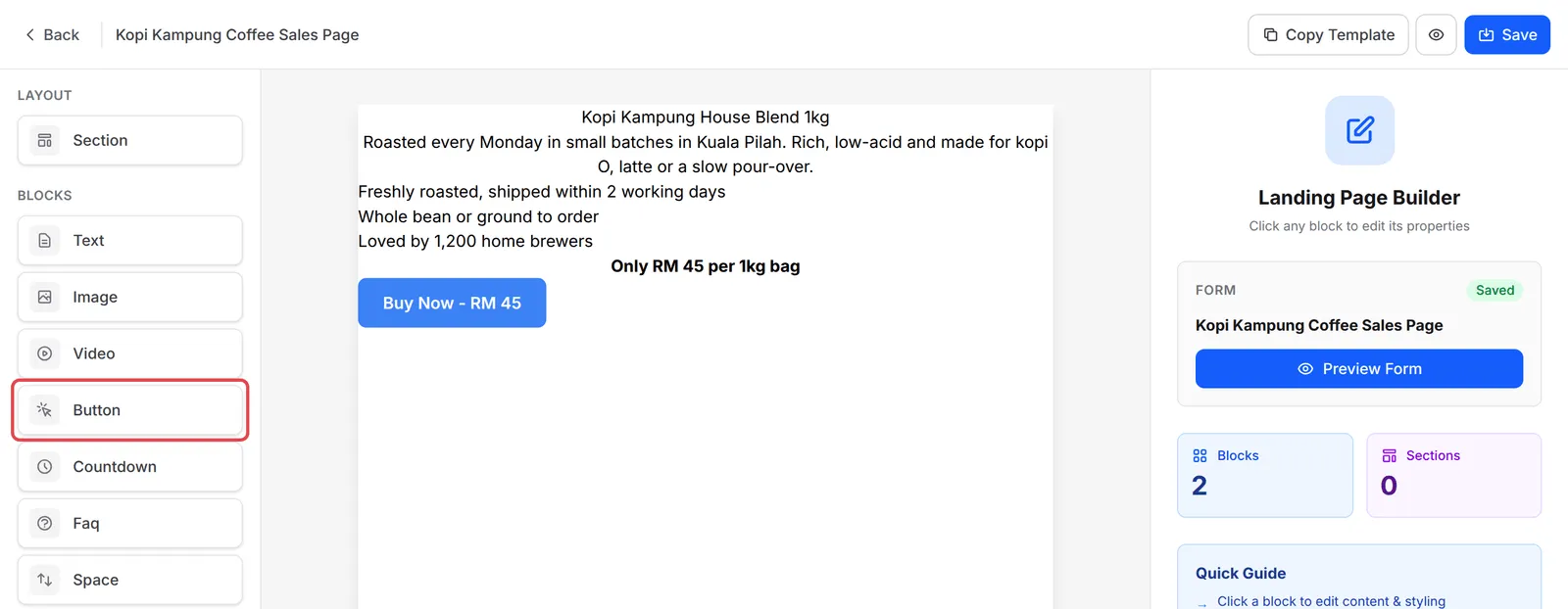 The Landing Page Builder with the Button block highlighted