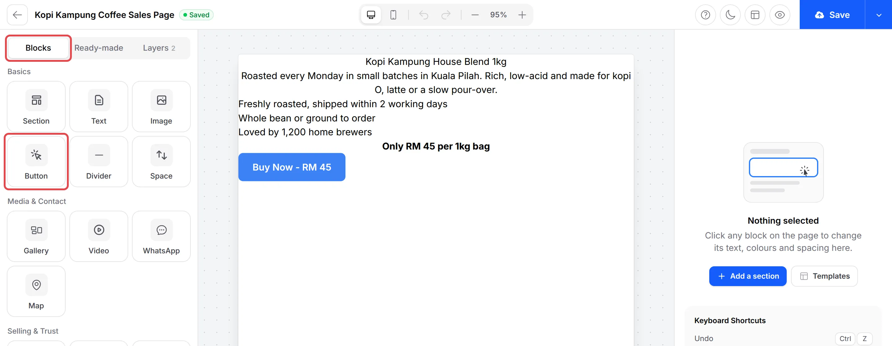 The landing page builder with the Blocks tab and the Button block highlighted